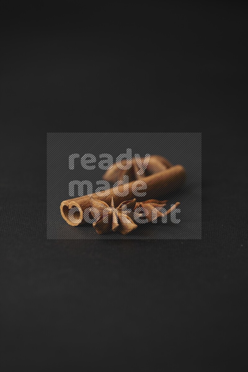 Star Anise herb and a cinnamon stick on a black background