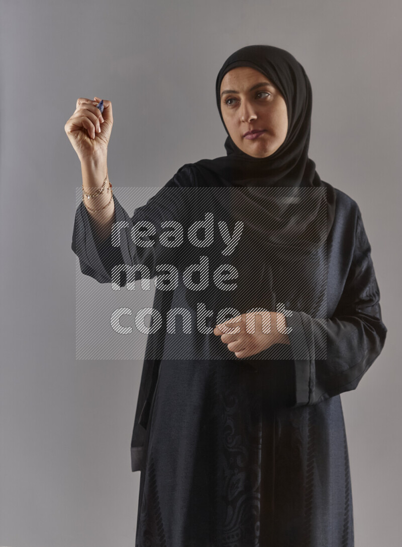 Woman in black abaya and hijab holding a marker pen to write on a transparent board with different reactions and expressions on grey background