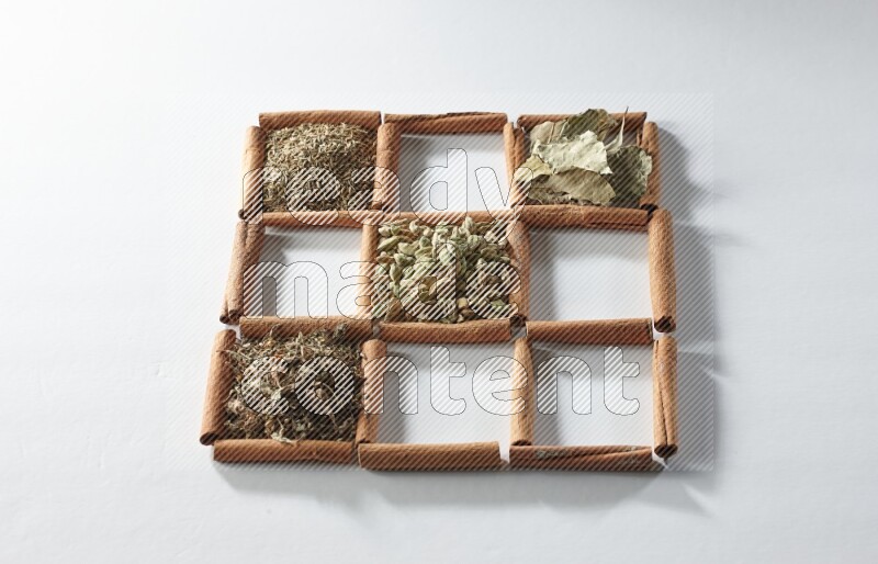 9 مربعات من أعواد القرفة ممتلئة بالهيل في المنتصف محاطة بجوزة الطيب والقرفة وأوراق الغار والقرنفل والكمون والريحان المجفف والزنجبيل المجفف واليانسون النجمي على أرضية بيضاء