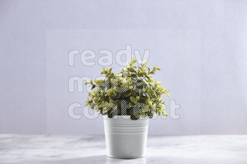 Green artificial plant in white pot on grey marble background