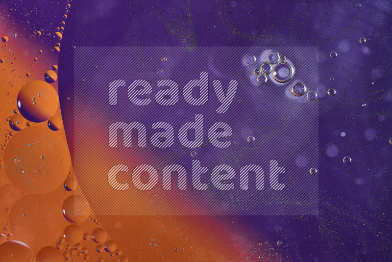 Close-ups of abstract oil bubbles on water surface in shades of orange and purple