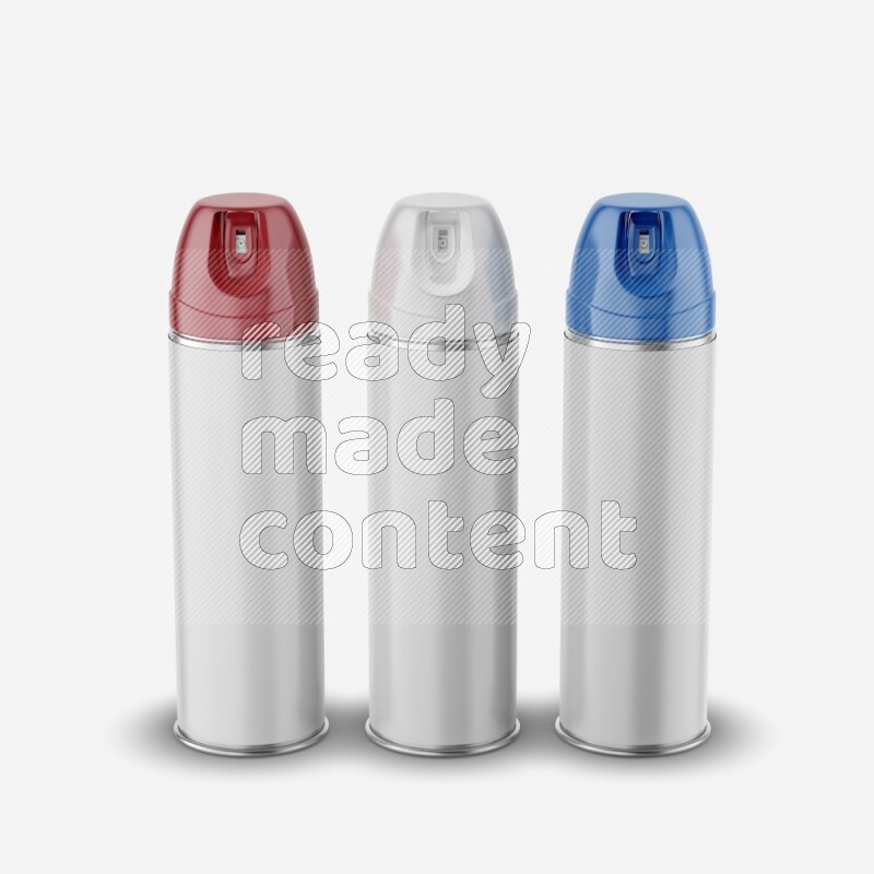 Metal spray bottle mockup with colored plastic cap isolated on white background 3d rendering