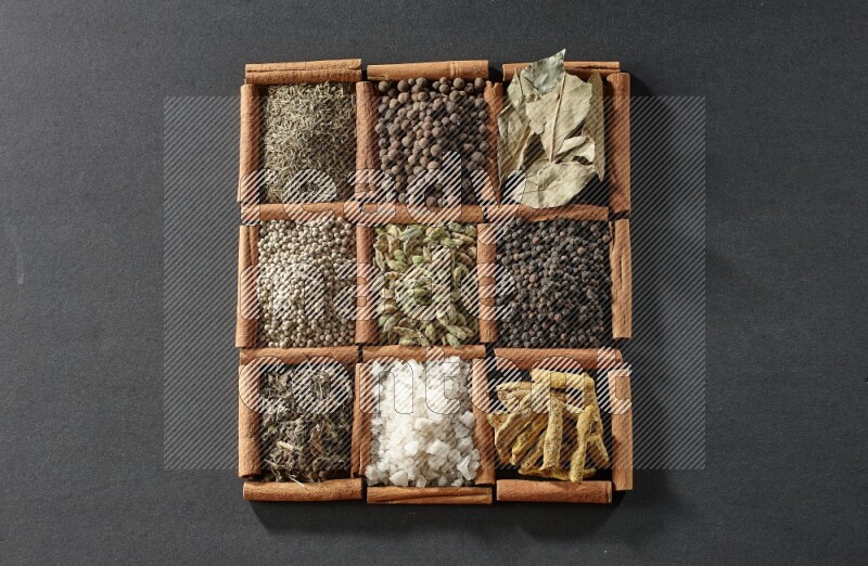 9 squares of cinnamon sticks full of cardamom in the middle surrounded by turmeric, black peppers, bay laurel, allspice, cumin, white peppers, basil and salt on black flooring