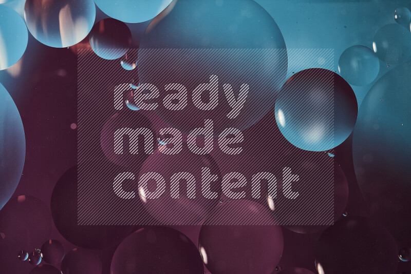 Close-ups of abstract oil bubbles on water surface in shades of blue and purple