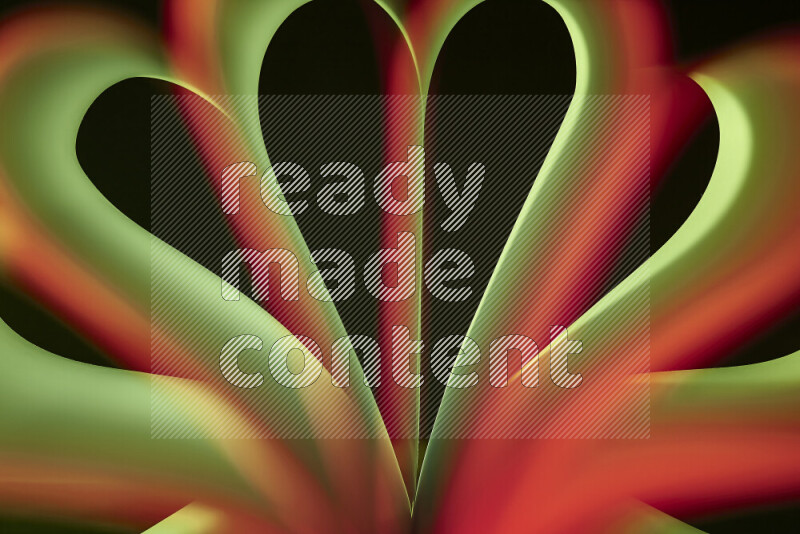 An abstract art piece displaying smooth curves in green and orange gradients created by colored light