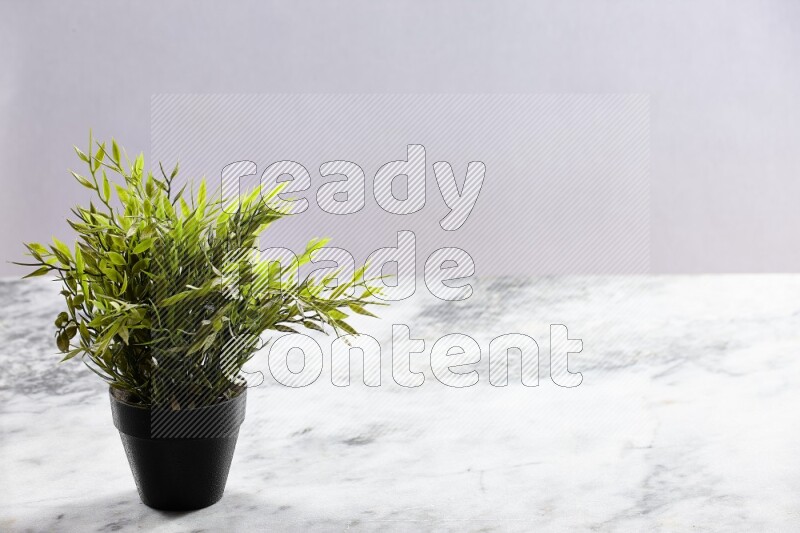 Green artificial plant in black pot on grey marble background