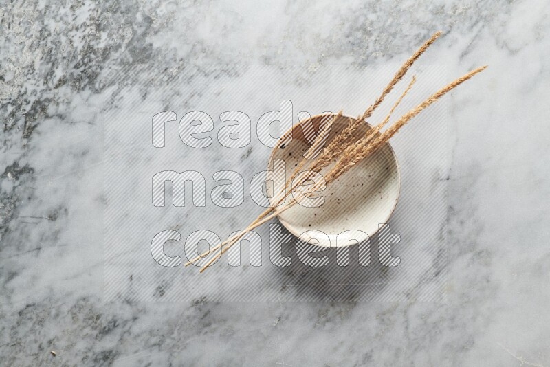 Wheat stalks on multicolored pottery plate on grey marble background
