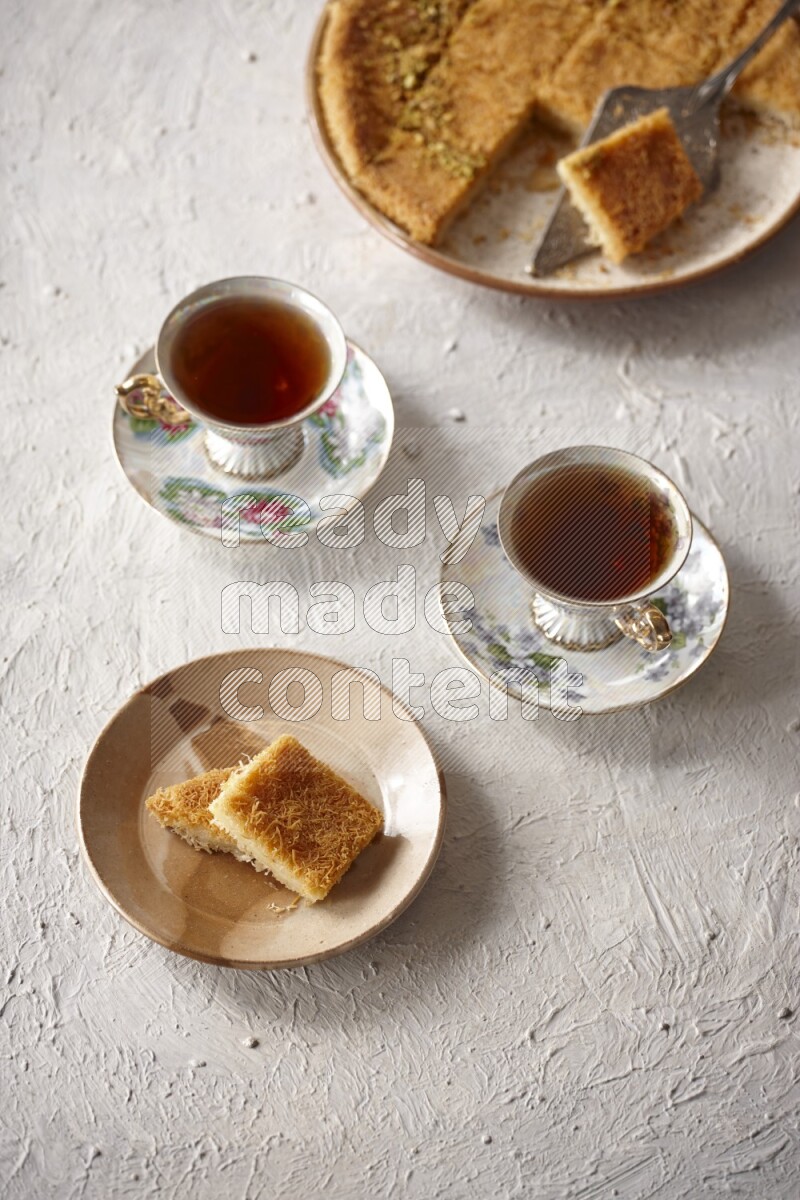 Konafa with tea in a light setup