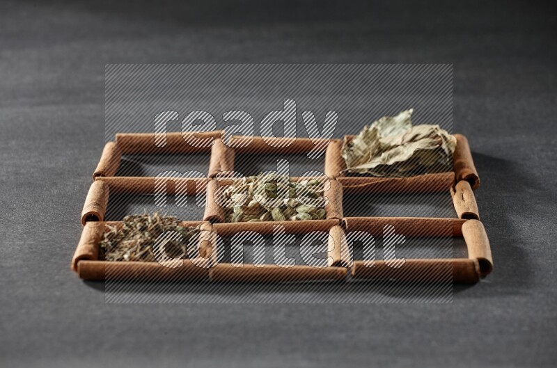 9 squares of cinnamon sticks full of cardamom in the middle surrounded by nutmeg, cinnamon, bay laurel leaves, cloves, cumin, dried ginger, dried basil and star anise on black flooring