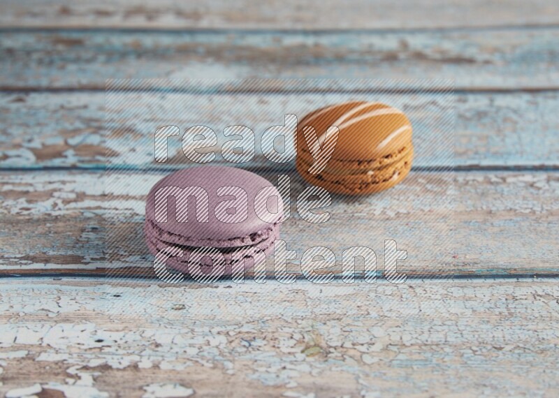 45º Shot of of two assorted Brown Irish Cream, and Purple Blueberry macarons  on light blue background