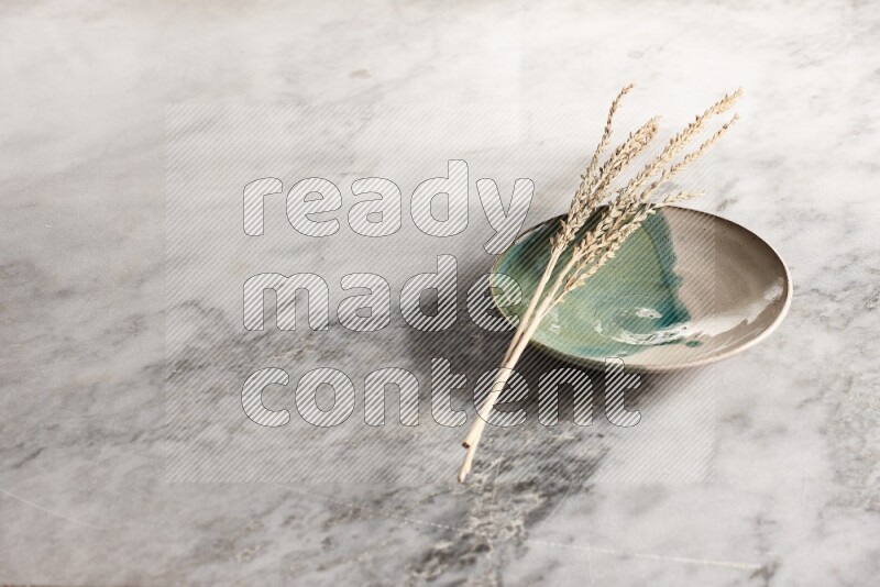 Wheat stalks on multicolored pottery plate on grey marble background