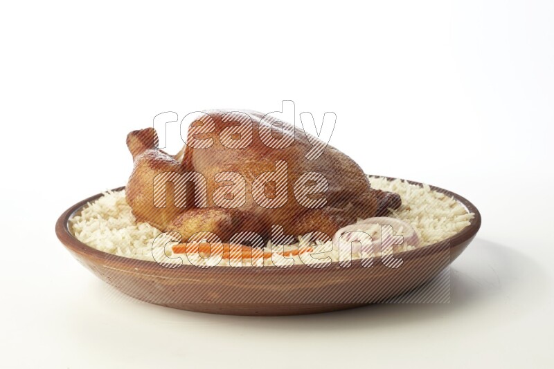 white  basmati Rice with  whole roasted chicken    on a pottery plate  direct  on white background