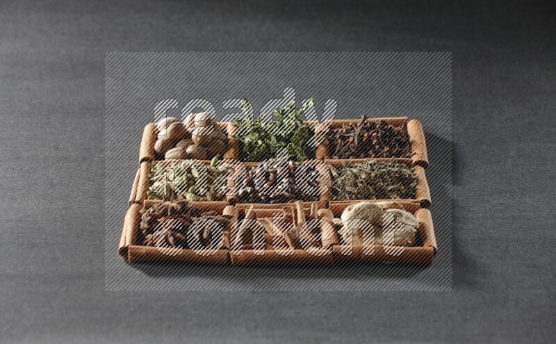 9 squares of cinnamon sticks full of coffee beans in the middle surrounded by nutmeg, dried mint, cloves, dried basil, dried ginger, cinnamon, star anise and cardamom on black flooring