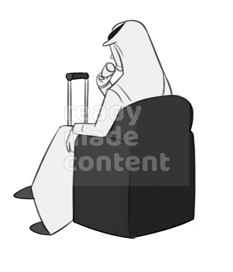 Saudi man drinking setting on an armchair by cabin suitcase different angles eye level