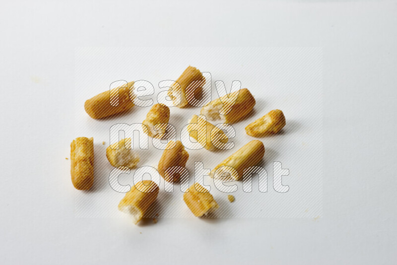 Assorted snacks on white background