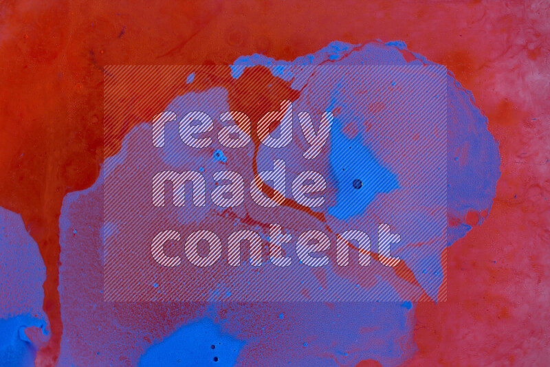 The image depicts a marbling effect with swirling patterns of red and blue