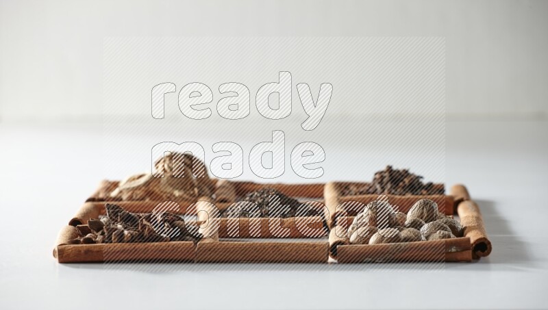 9 squares of cinnamon sticks full of tea in the middle surrounded by nutmeg, dried mint, cloves, dried basil, dried ginger, cinnamon, star anise and cardamom on white flooring