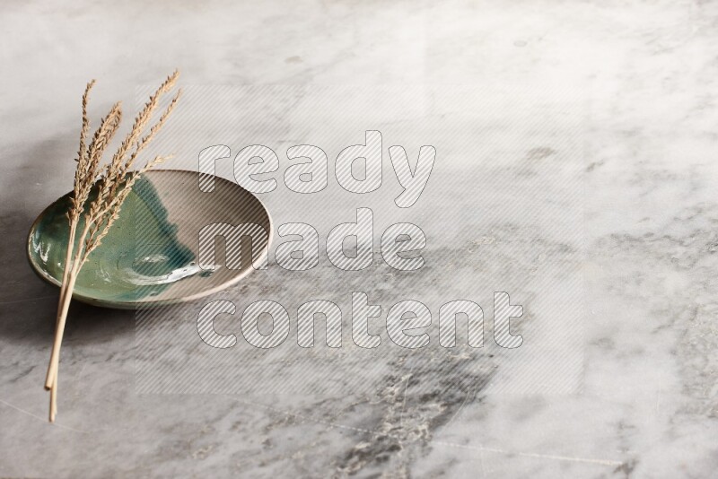 Wheat stalks on multicolored pottery plate on grey marble background