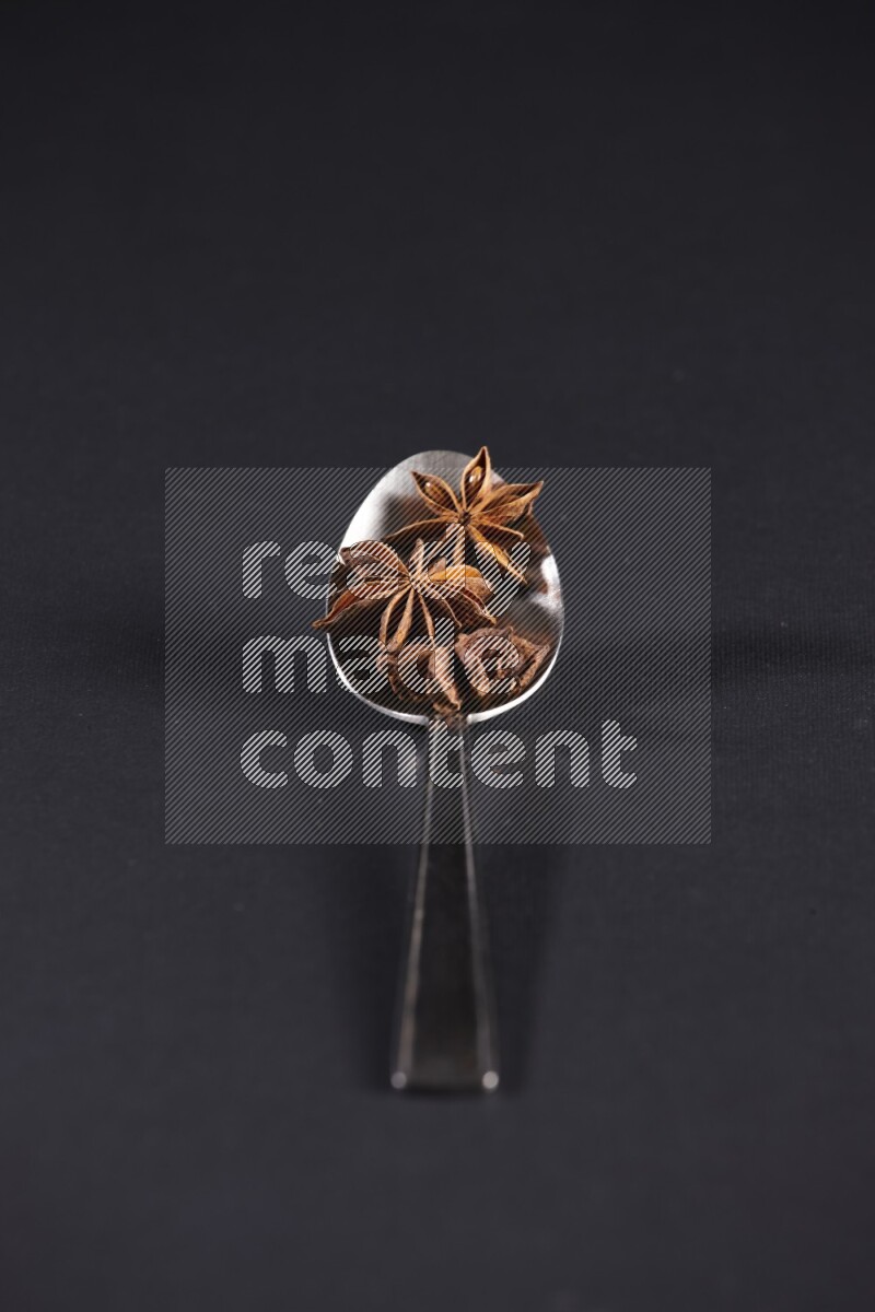 Star Anise in a metal spoon on black flooring