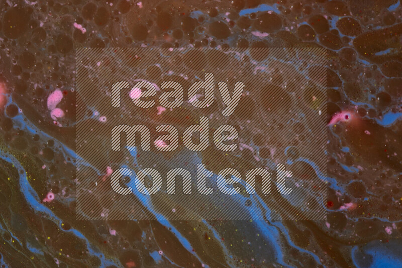 The image depicts a marbling effect with swirling patterns of pink, blue and brown