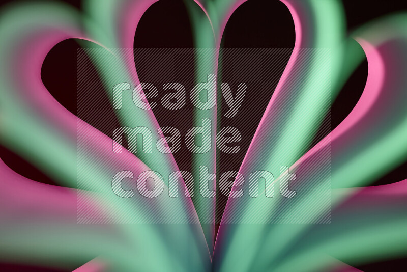 An abstract art piece displaying smooth curves in pink and green gradients created by colored light