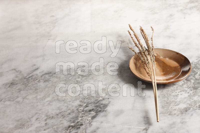 Wheat stalks on multicolored pottery plate on grey marble background