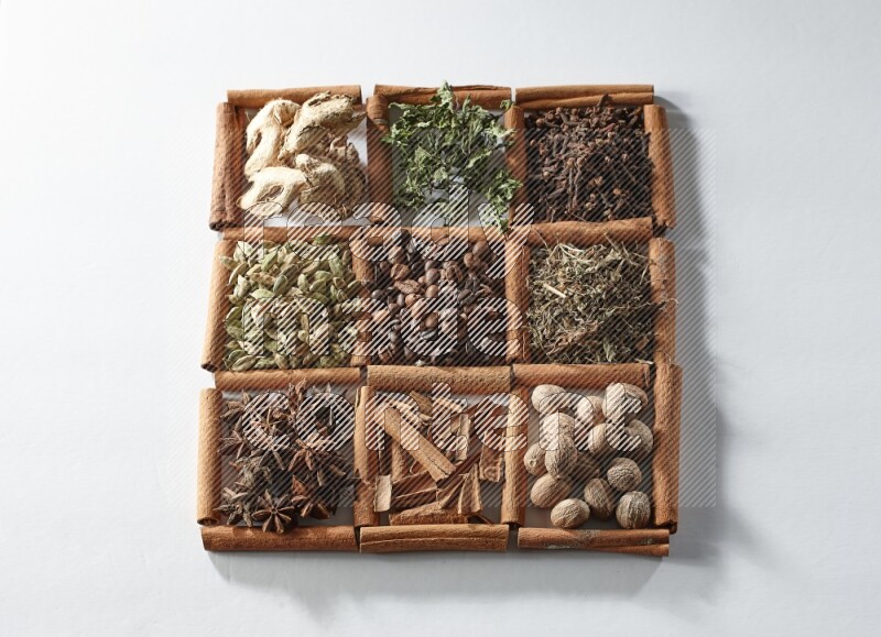 9 squares of cinnamon sticks full of coffee beans in the middle surrounded by dried mint, dried ginger, cardamom, star anise, cinnamon, nutmeg, dried basil and cloves on white flooring