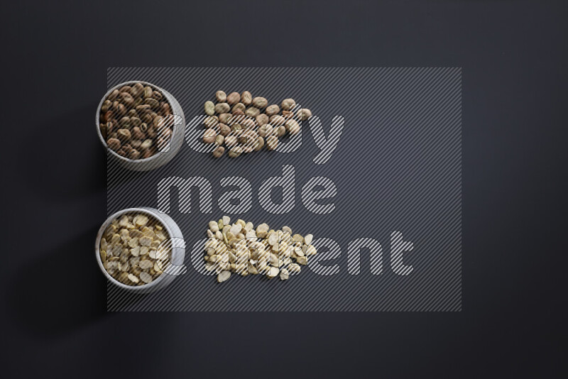 Legumes in pottery bowls on grey background