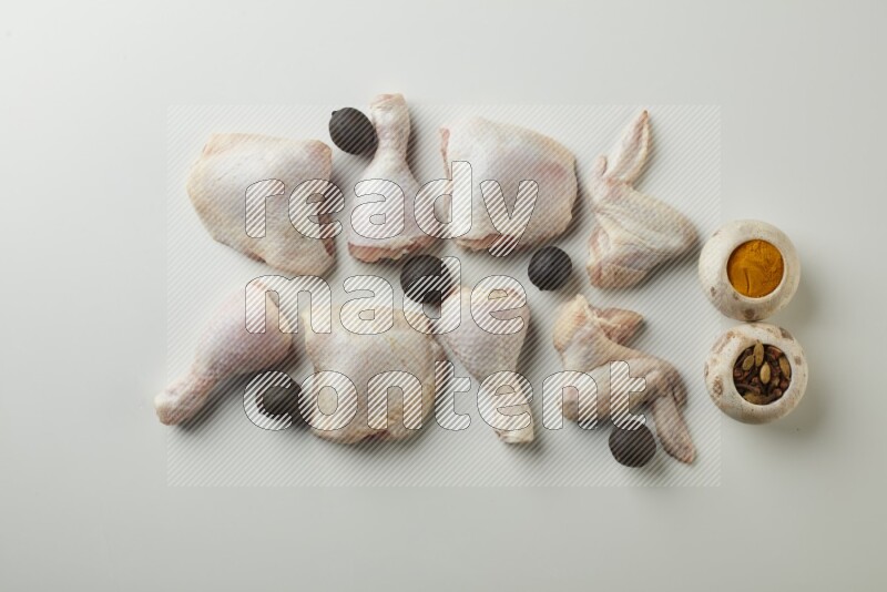 Mixed fresh chicken pieces direct on a white background