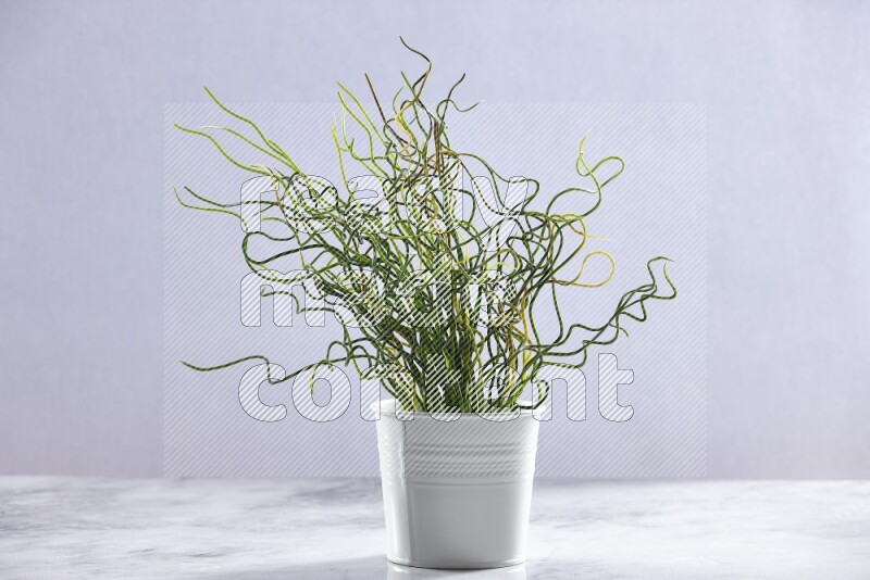 Green artificial plant in white pot on grey marble background