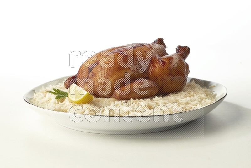 white  basmati Rice with  whole roasted chicken  on a white plate with a silver rim direct  on white background
