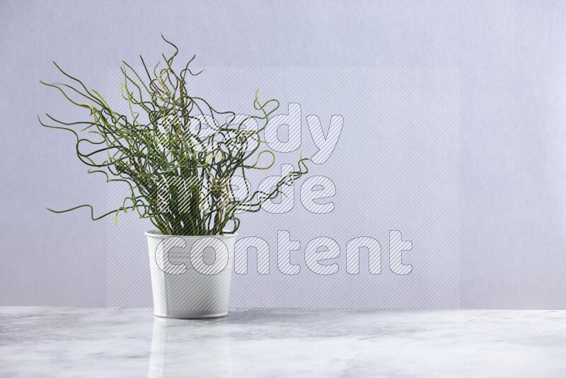 Green artificial plant in white pot on grey marble background