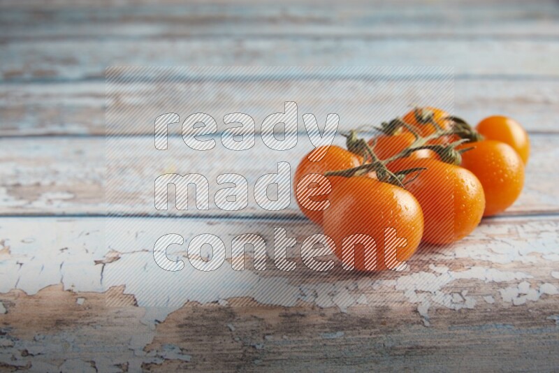 orange cherry tomato vein on a textured blue wooden background 45 degree