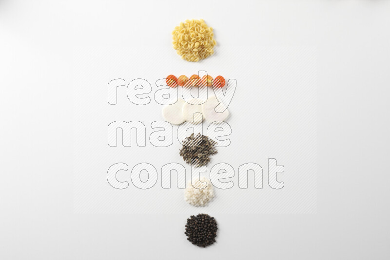 Red sauce pasta recipes ingredients on white background