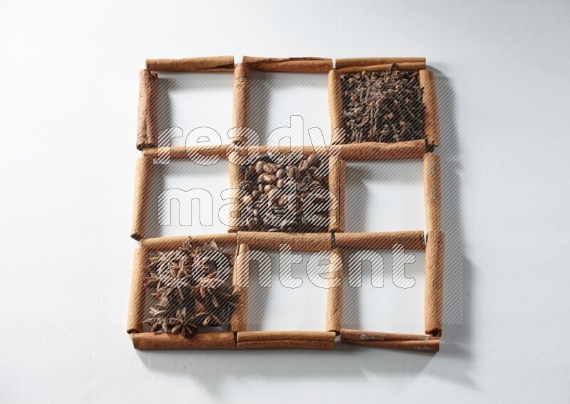 9 squares of cinnamon sticks full of coffee beans in the middle surrounded by dried mint, dried ginger, cardamom, star anise, cinnamon, nutmeg, dried basil and cloves on white flooring