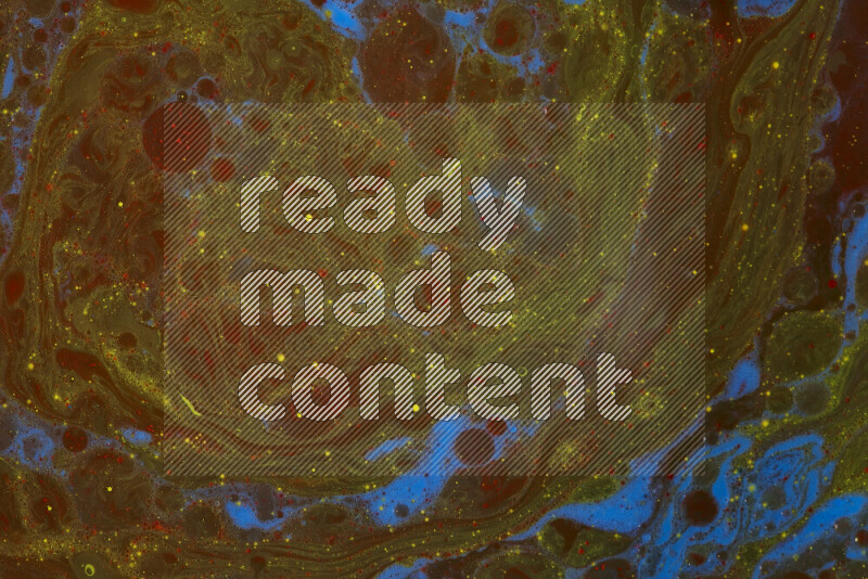 The image depicts a marbling effect with swirling patterns of red, blue and yellow