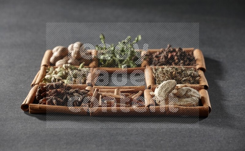9 squares of cinnamon sticks, the middle square is empty and surrounded with dried mint, dried ginger, cardamom, star anise, cinnamon, nutmeg, dried basil and cloves on black flooring