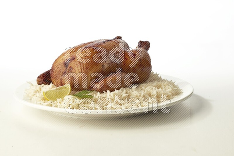 white  basmati Rice with  whole roasted chicken  on a white rounded plate direct on white background