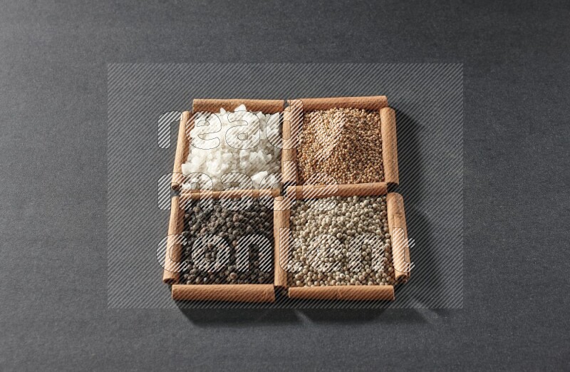 4 مربعات من عيدان القرفة ممتلئة بحبوب الفلفل الأسود والفلفل الأبيض والملح الأبيض وحبوب الخردل على أرضية سوداء