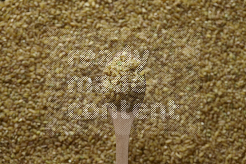 A wooden spoon full of coarse bulgur on coarse bulgur background