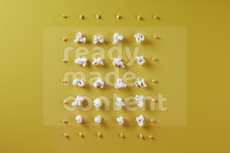 Popcorn flakes and seeds on a yellow background in different angles