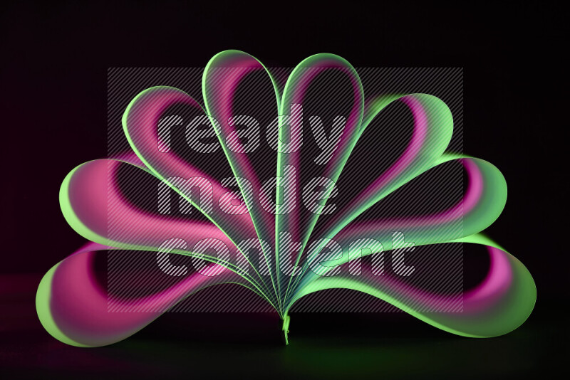 An abstract art piece displaying smooth curves in pink and green gradients created by colored light