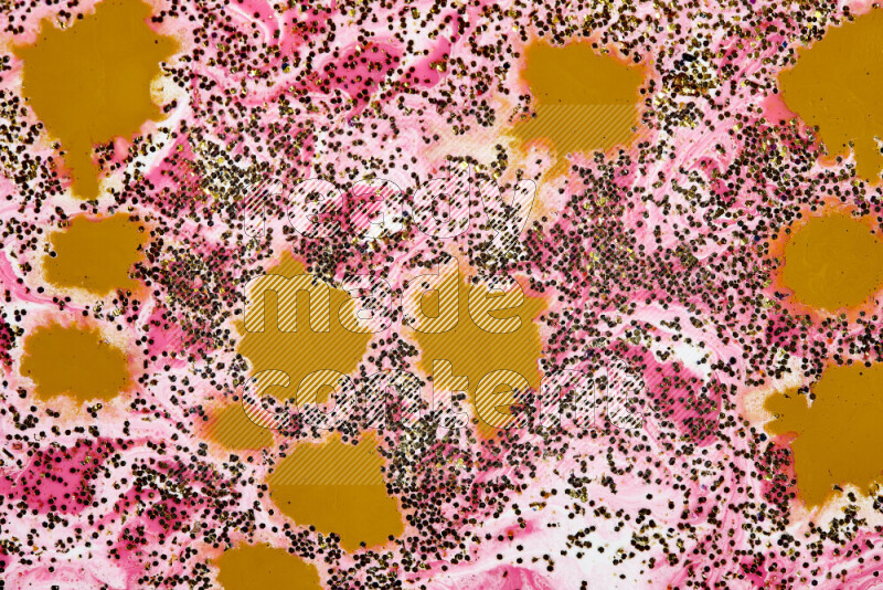 Abstract colorful background with mixed of pink, white and gold paint colors with scattered gold glitter