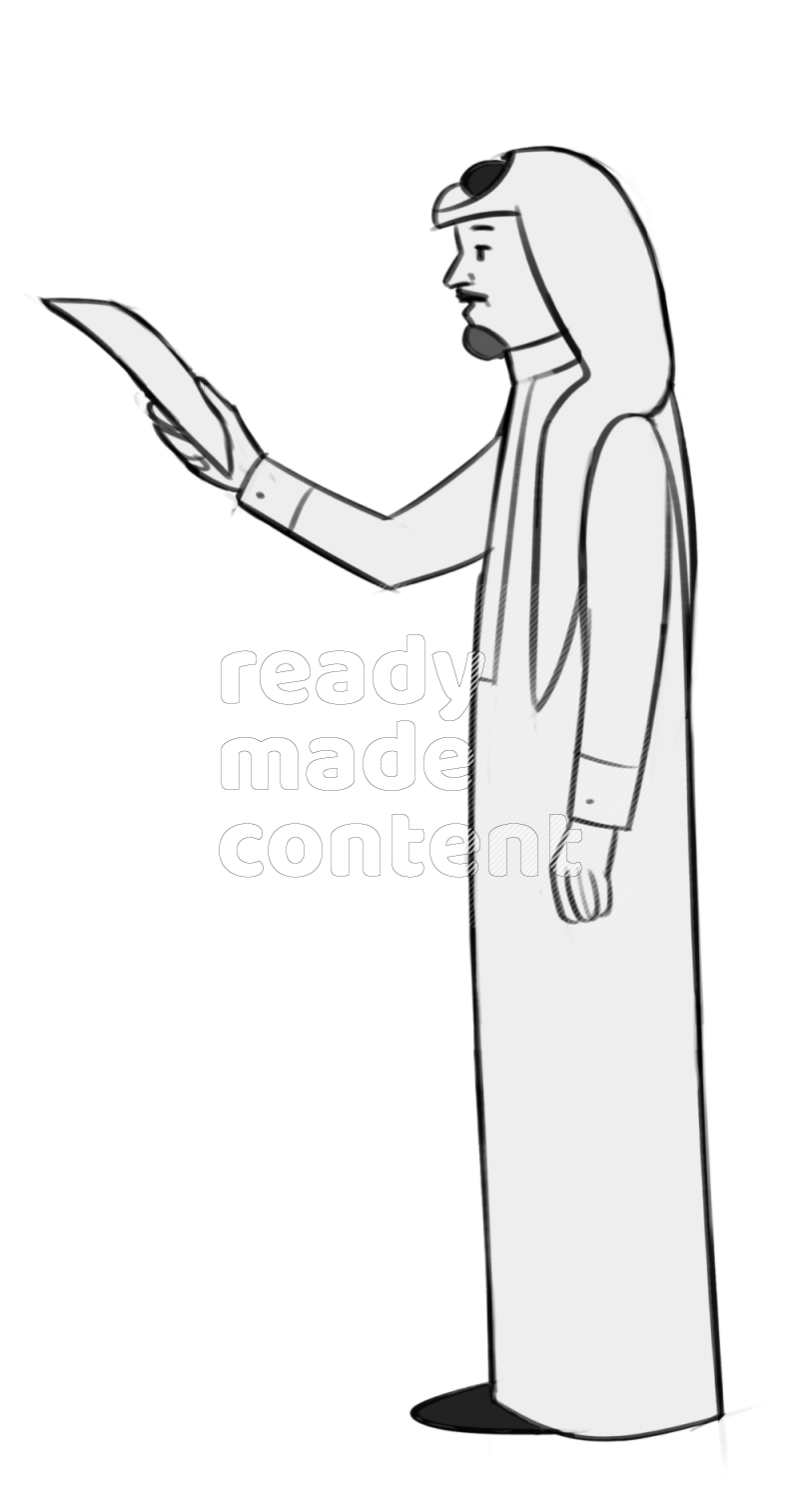 Saudi man handing a paper standing  different angles eye level