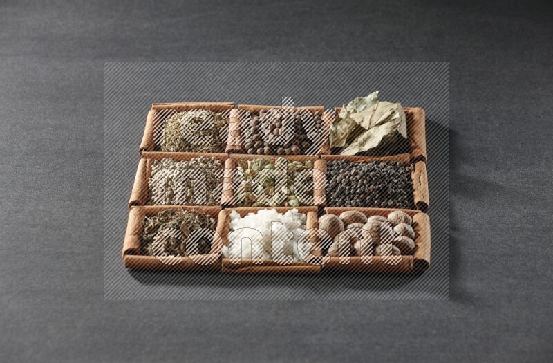 9 مربعات من أعواد القرفة ممتلئة بالهيل في المنتصف محاطة بجوزة الطيب والفلفل الأسود وورق الغار والبهارات والكمون والفلفل الأبيض والريحان المجفف والملح على أرضية سوداء