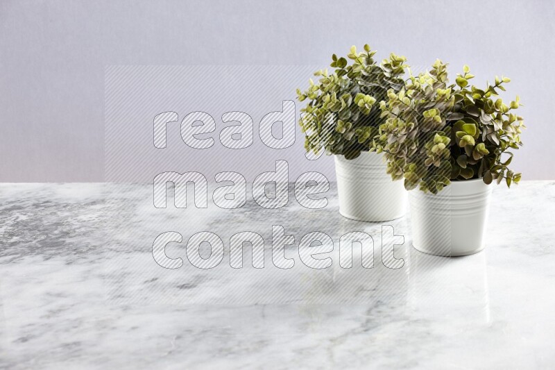 Two green artificial plants in white pot on grey marble background