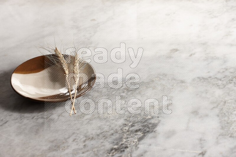 Wheat stalks on multicolored pottery plate on grey marble background
