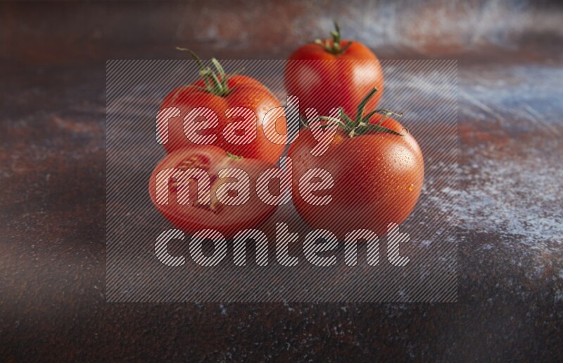 45 degree roma tomato on a textured reddish rustic metal background