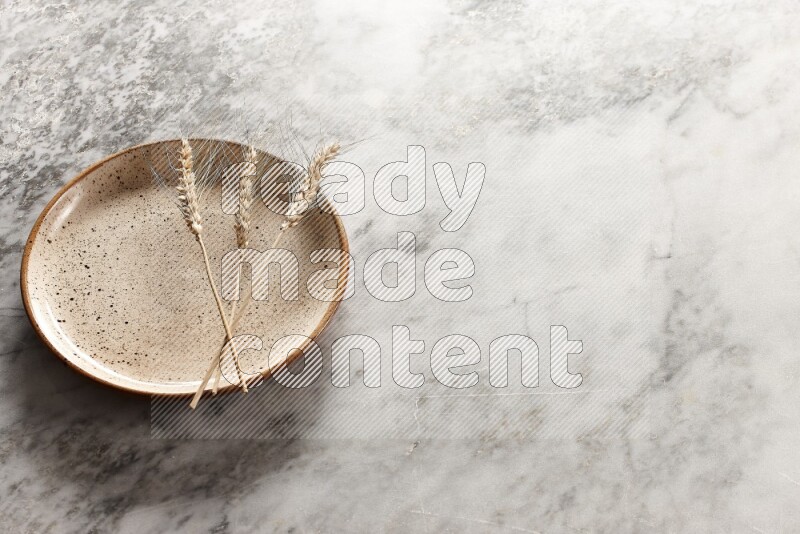 Wheat stalks on multicolored pottery plate on grey marble background