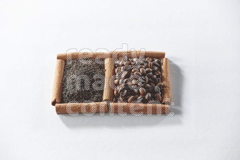 2 squares of cinnamon sticks full of coffee beans and black tea on white flooring